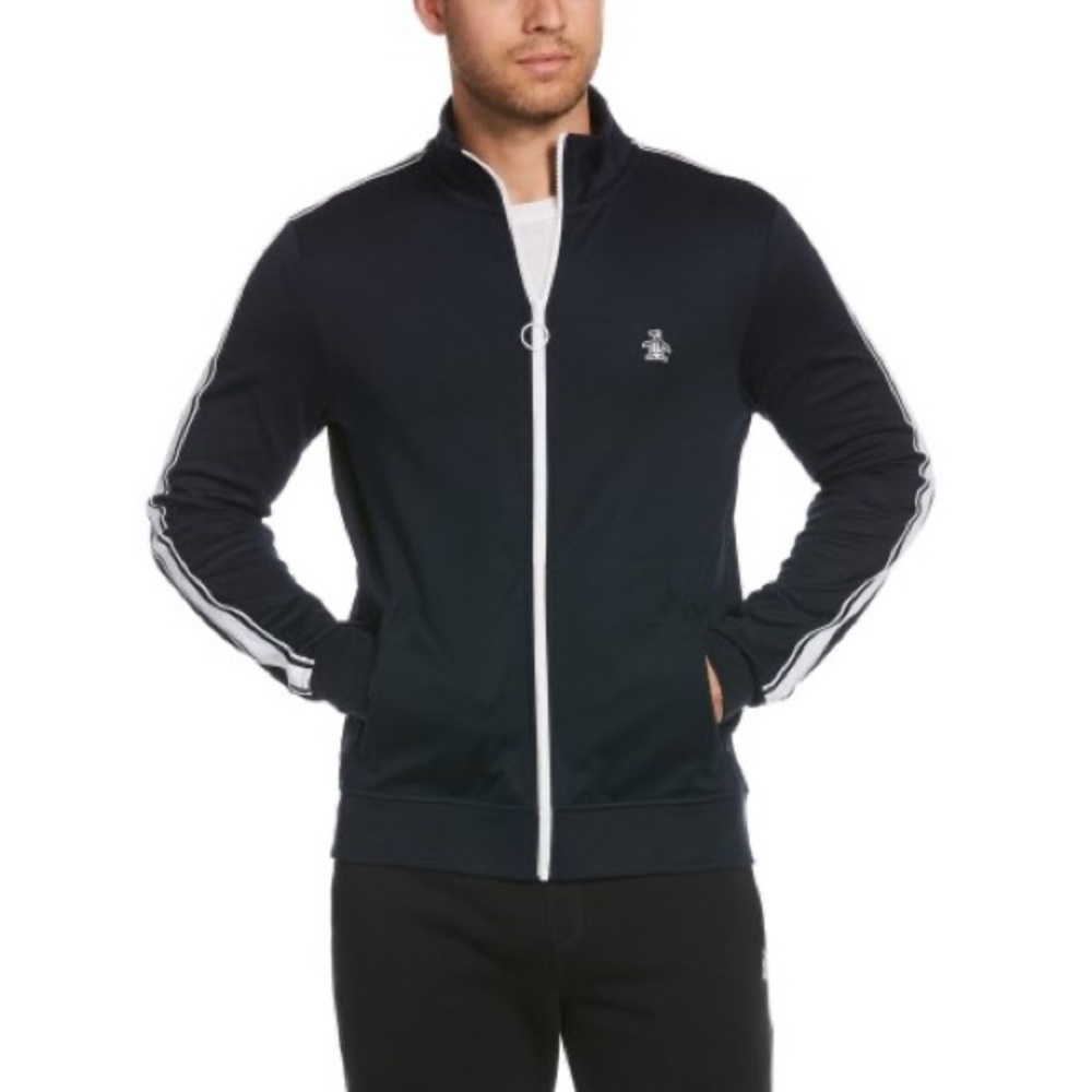Original Penguin Black Zip Up Sweater with Sporty Stripes size large